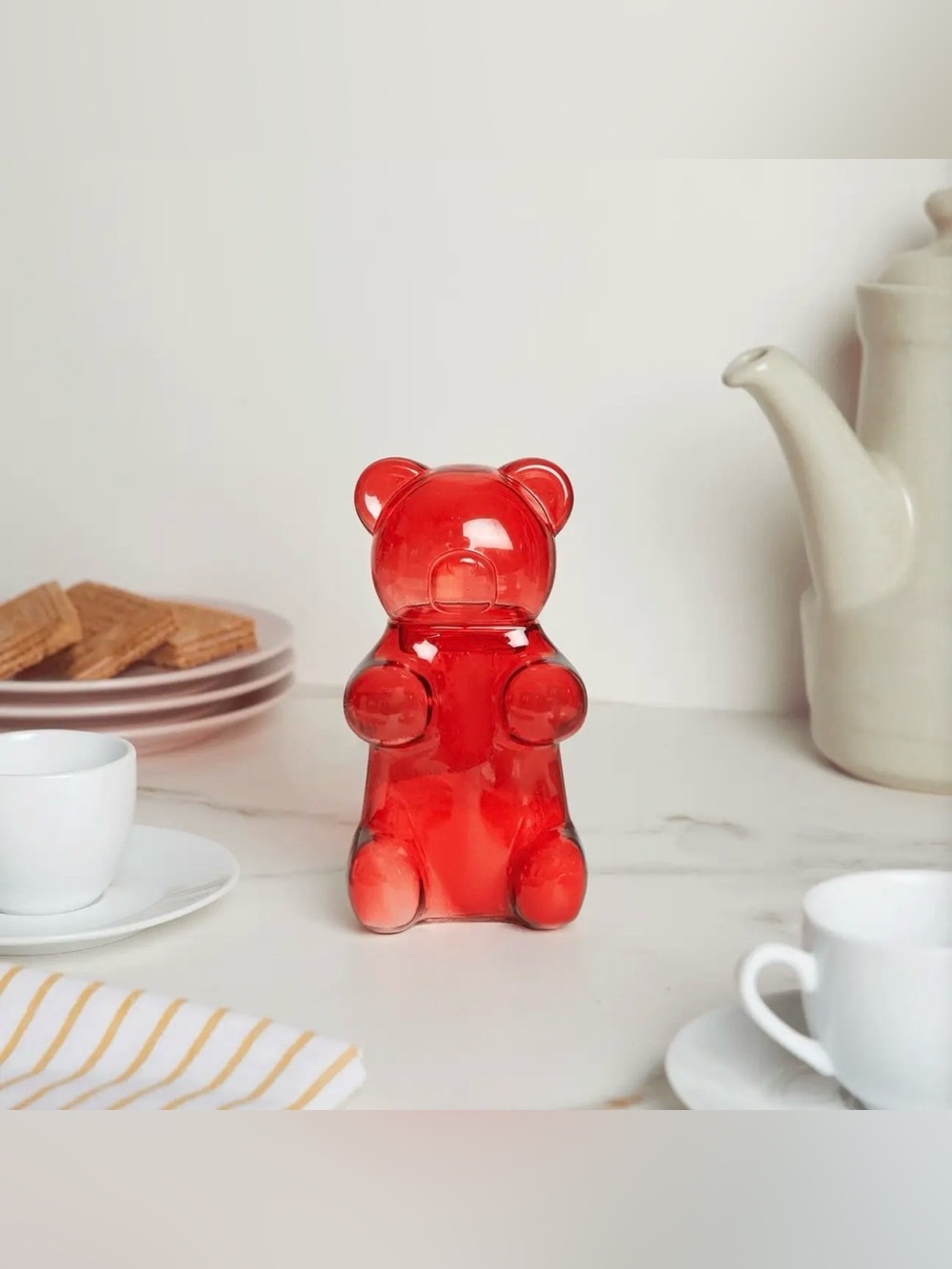 MoMA Yummy Bear Red Glass Sugar Bowl Candy Jar NIB Pop Art Kitchen Decor